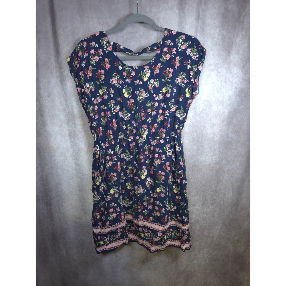 Pink Republic Navy Floral Print Tie Back Cap Sleeve Dress Women's Size M